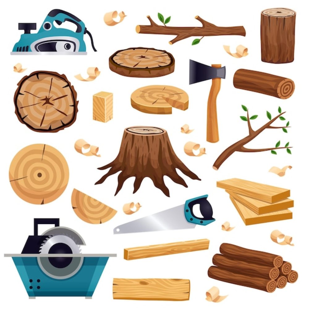 带树干原木板锯斧的木材工业材料工具和生产平台